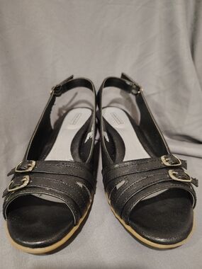 Laura Scott Black Open-Toe Slingback Sandals with Buckle Straps